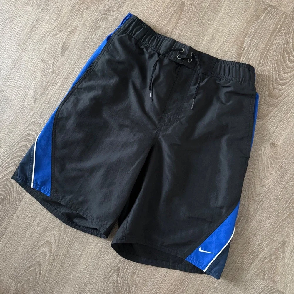 VTG Nike Swim Trunks Black Blue Colorblock Mesh Lined Board Shorts Mens Small